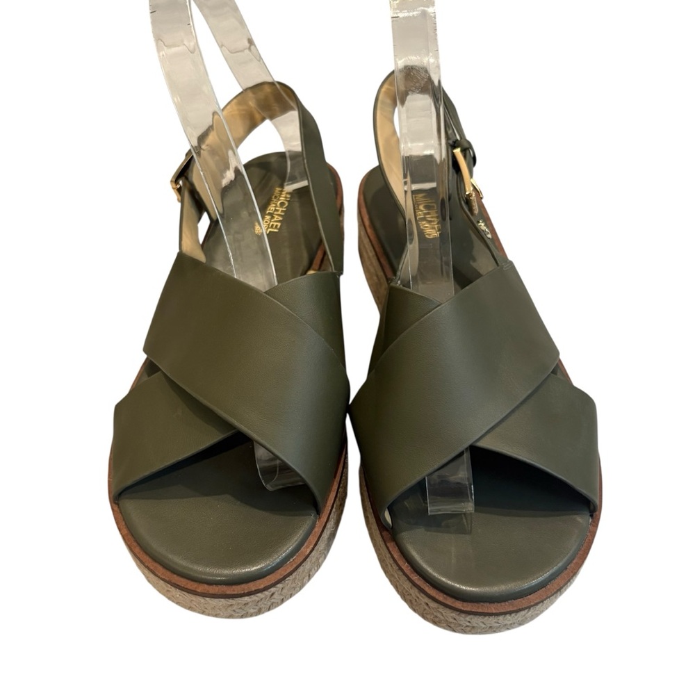 Michael Michael Kors Meryl Leather Criss Cross Espadrille Platform Olive, Sz 8 - Picture 6 of 14